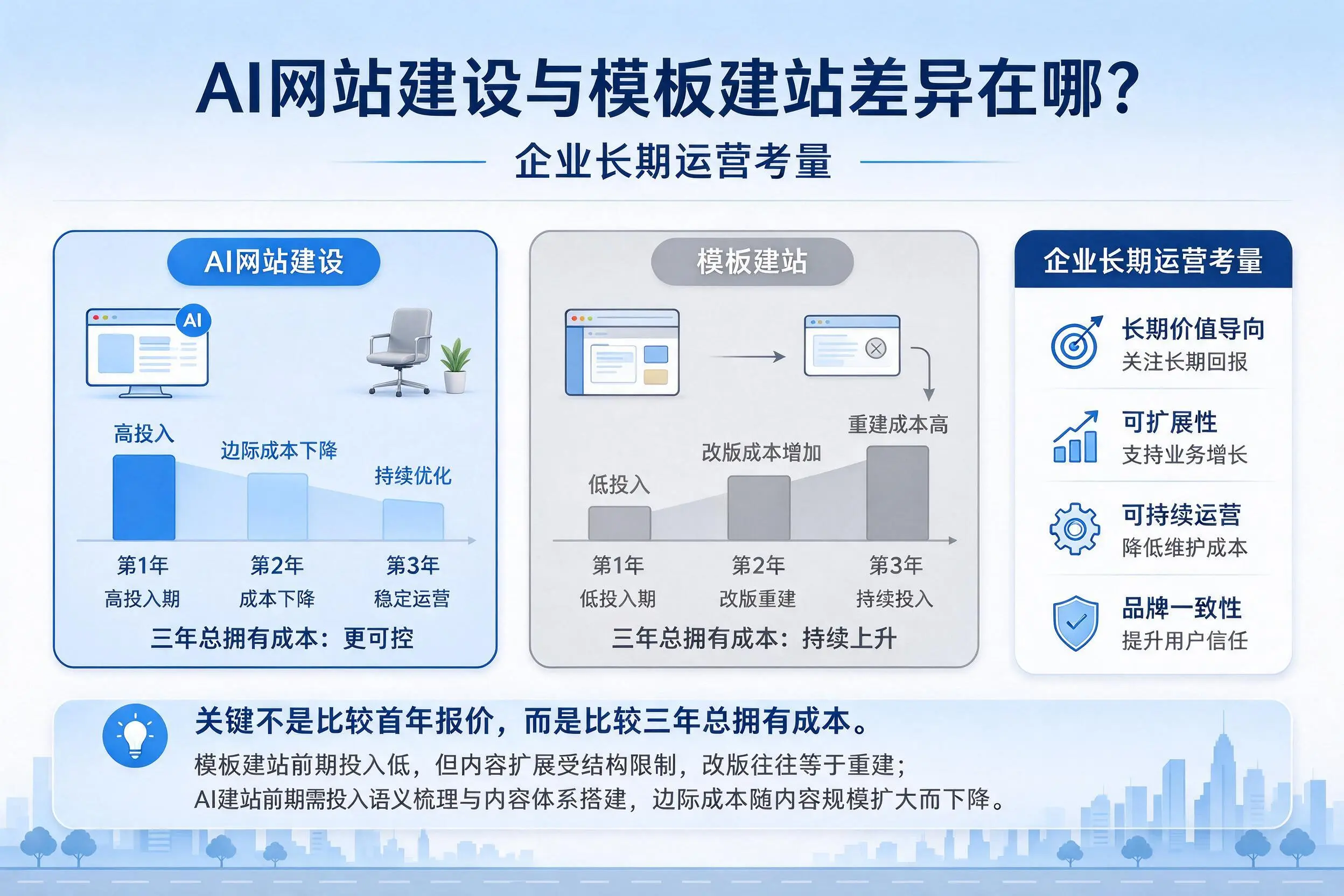 AI网站建设与模板建站差异在哪？白城企业长期运营考量