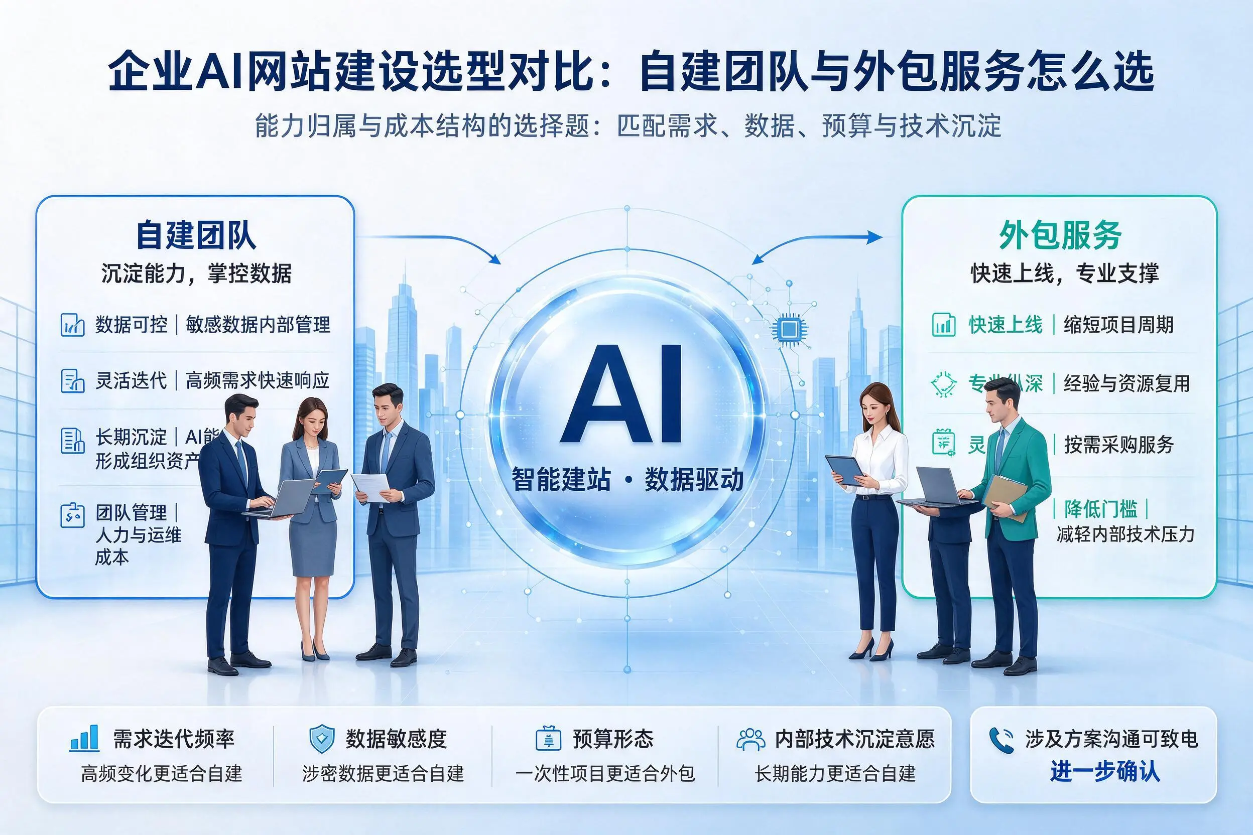 白城企业AI网站建设选型对比：自建团队与外包服务怎么选